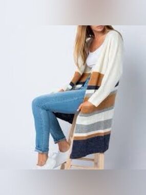 So Perla Striped Open-Front Long Cardigan Sweater Cream & Navy Size Medium